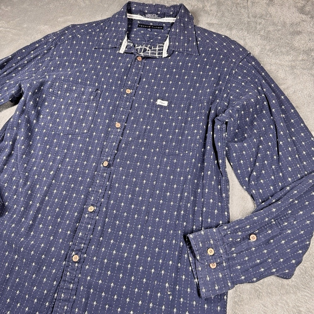 Tommy Hilfiger‎ Navy Blue Geometric Print Cotton Button Down Shirt Mens XL